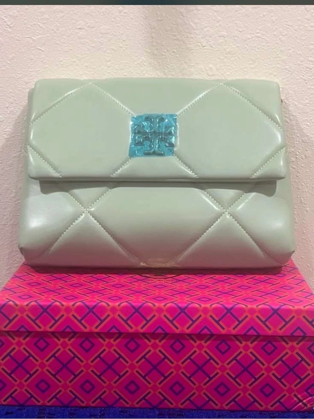 Quilted Mint Shoulder Bag with Blue Accent